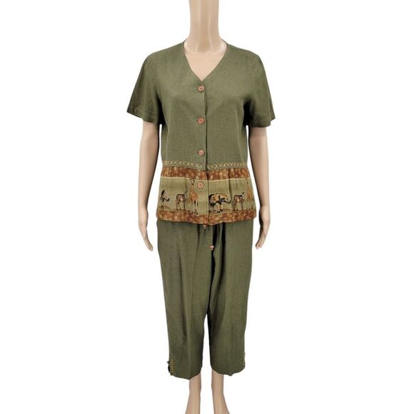 Stonebridge Vintage Green Linen Animal Print Safari Matching Set Blouse Trousers - Picture 1 of 15